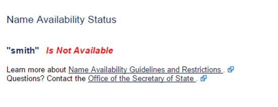 Kansas name availability search status - Not Available.