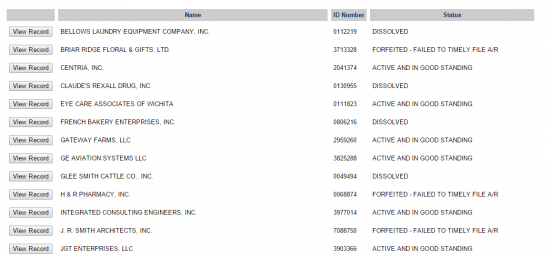 Kansas SOS business entity name search results example.