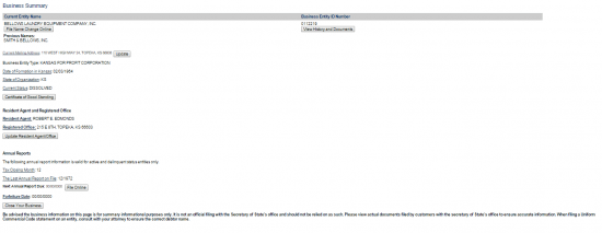 Kansas SOS business entity name search details.