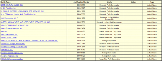 Rhode Island SOS business entity by purpose search results example.