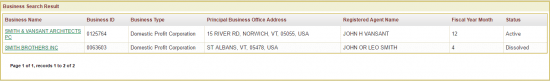 Vermont Secretary of State advanced business entity search results page example.